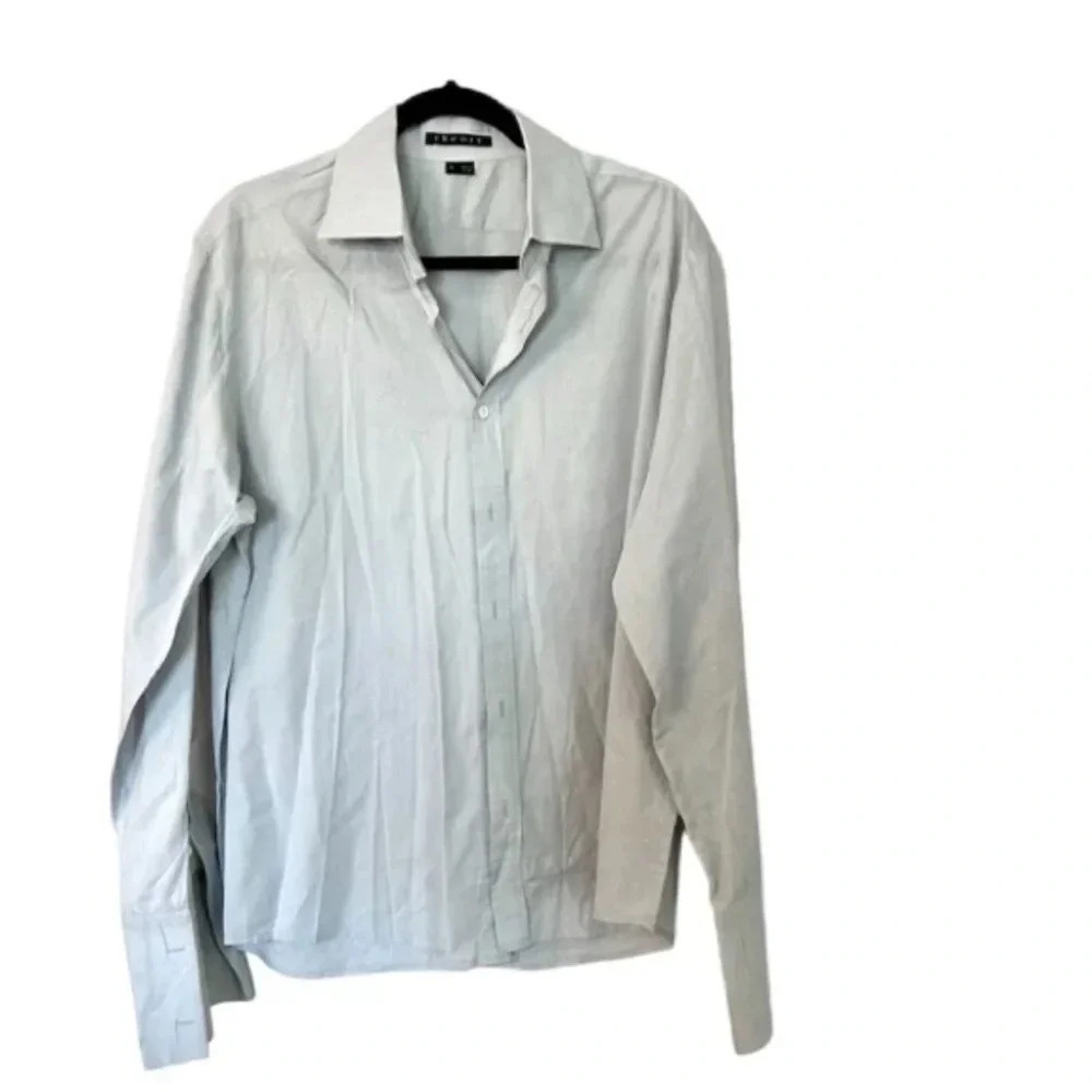 Theory Men's Long Sleeve Light Grey with White Dots Casual Button Down Sz L GUC